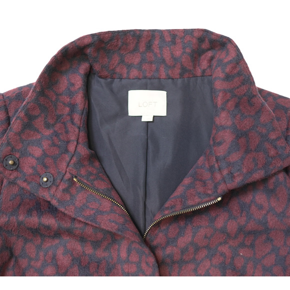 Ann Taylor LOFT Burgundy & Navy Coat Leopard Print High Neck Sz L Feminine EUC - Picture 5 of 12
